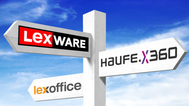 Wegweiser mit Logos von Lexware, lexoffice und Haufe X360