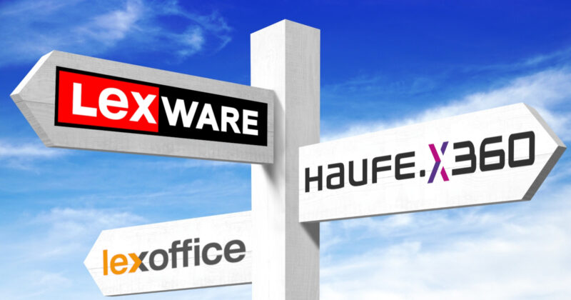 Wegweiser mit Logos von Lexware, lexoffice und Haufe X360