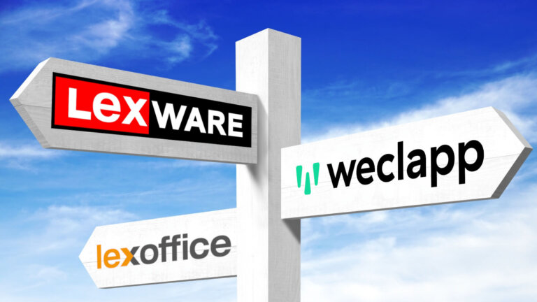 Wegweiser mit Logos von Lexware, lexoffice und Haufe X360