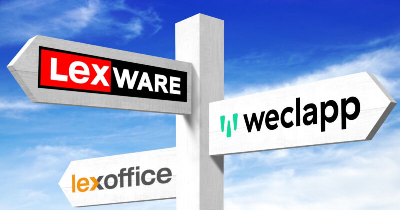 Wegweiser mit Logos von Lexware, lexoffice und Haufe X360