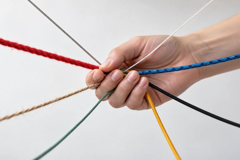 Eine Hand hält viele bunte Fäden